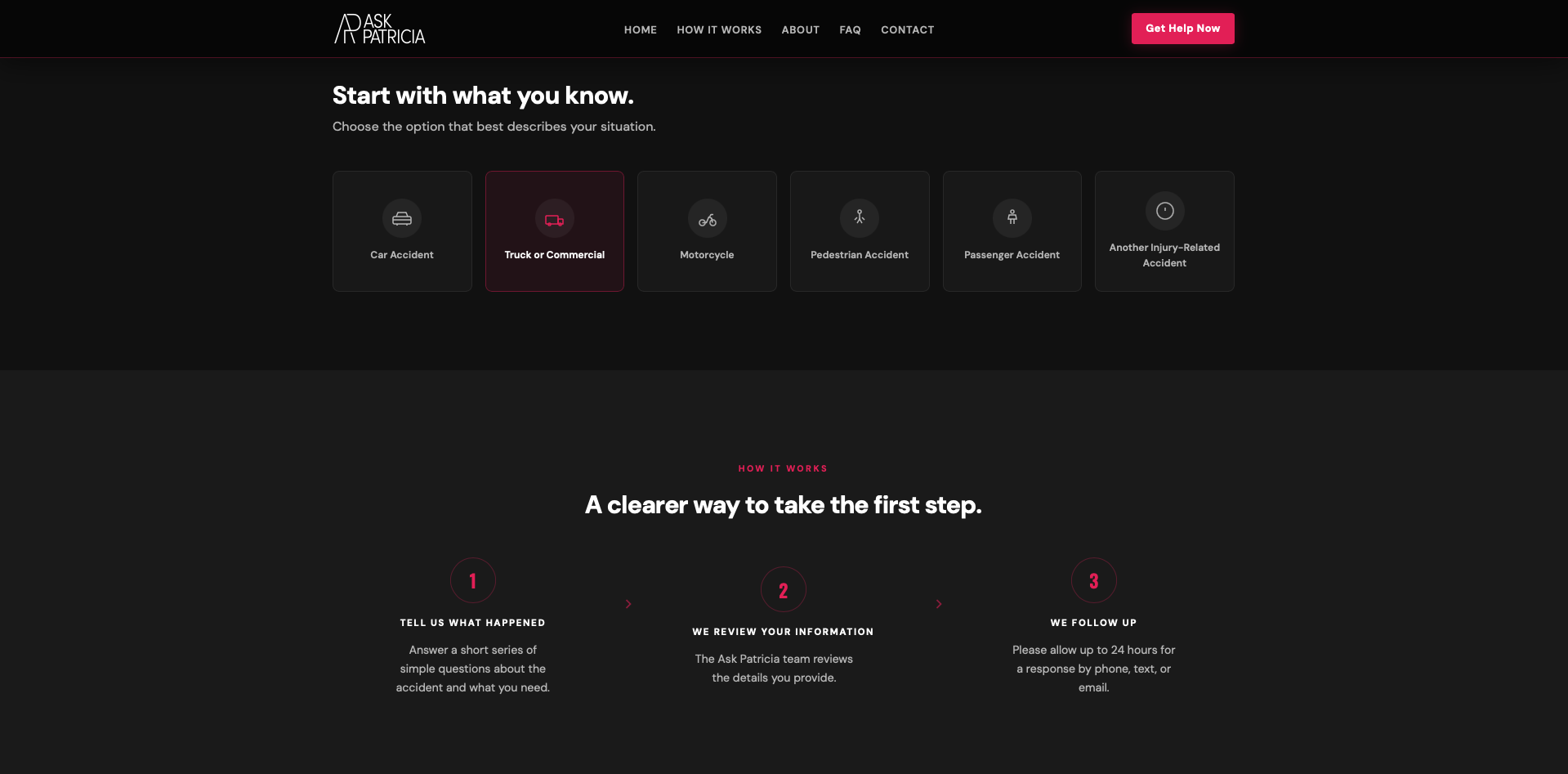 Ask Patricia orientation screen with accident categories and a how-it-works overview