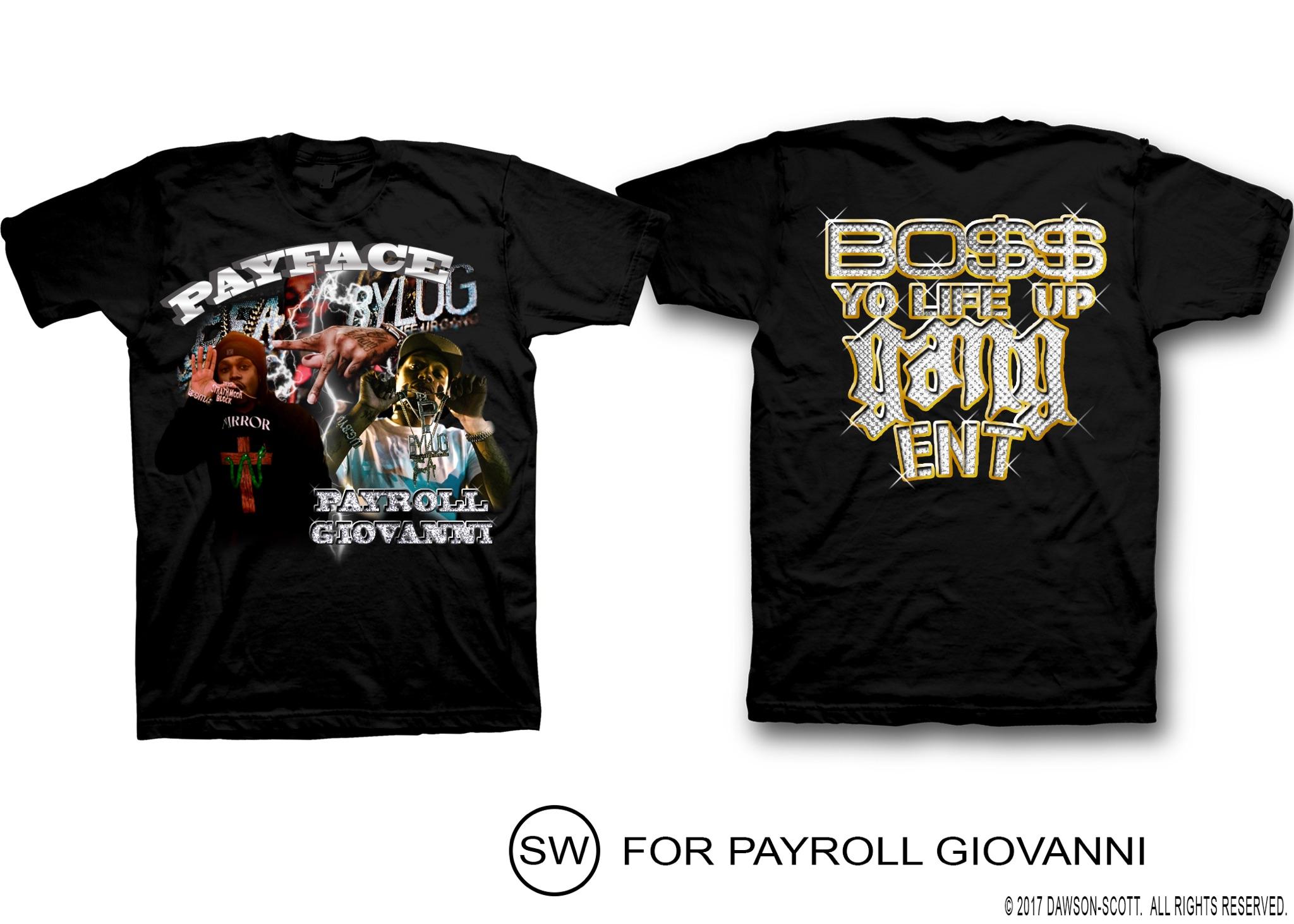 Front and back Payface merchandise shirt presentation