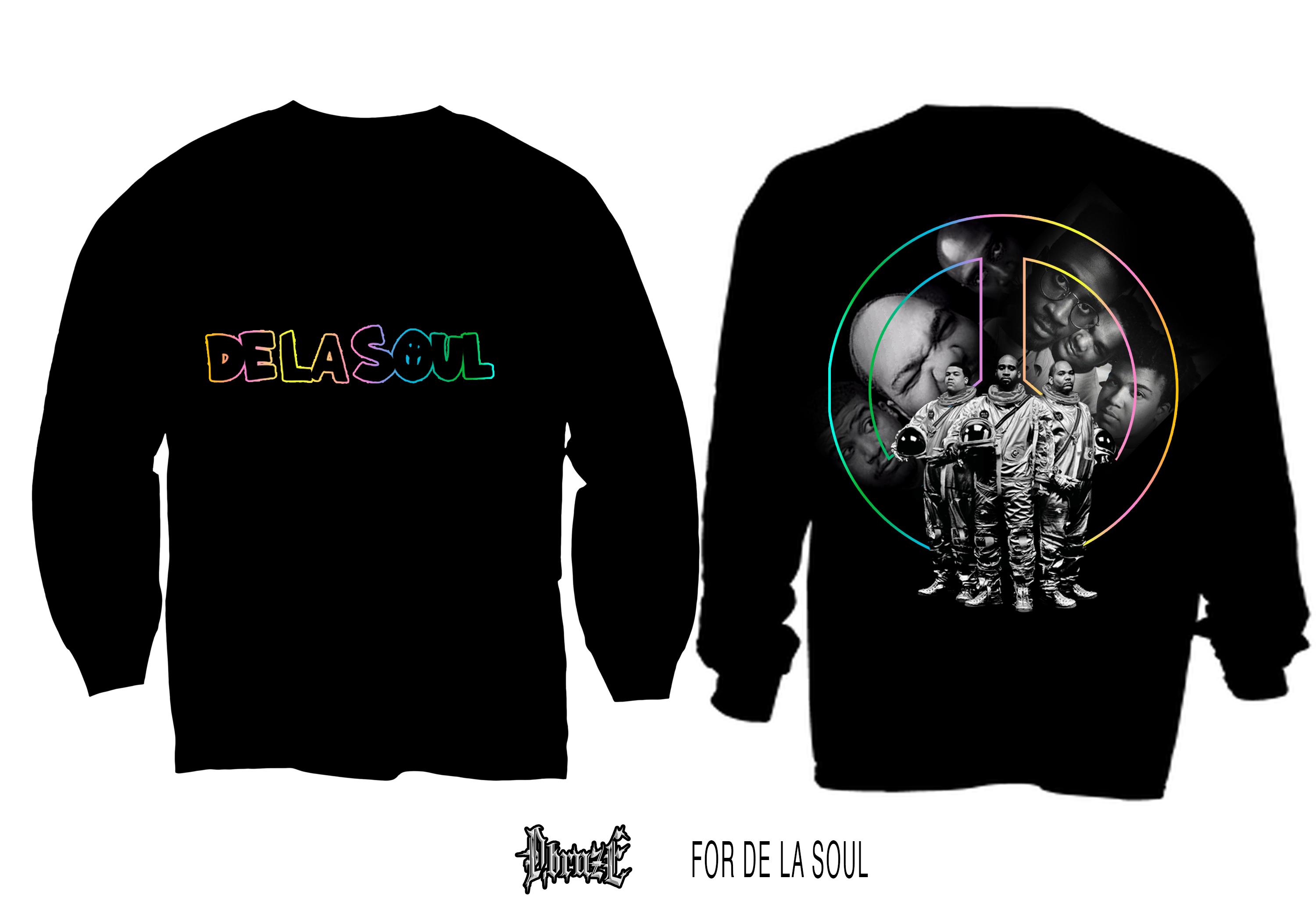 Front and back apparel concept for a De La Soul anniversary, shown on a presentation plate