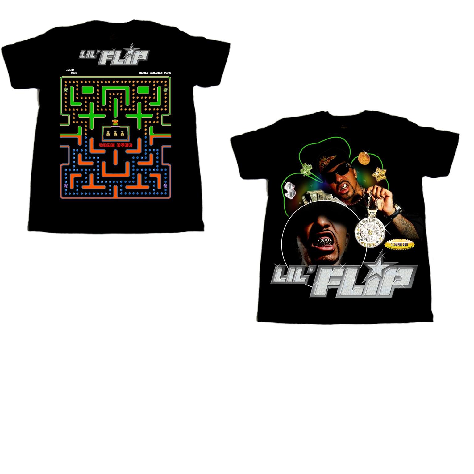 Lil’ Flip apparel presentation with arcade-inspired game graphics and portrait imagery