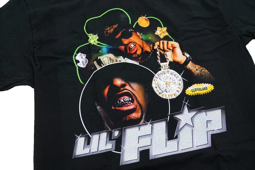 Close detail of the Lil’ Flip graphic printed on a garment
