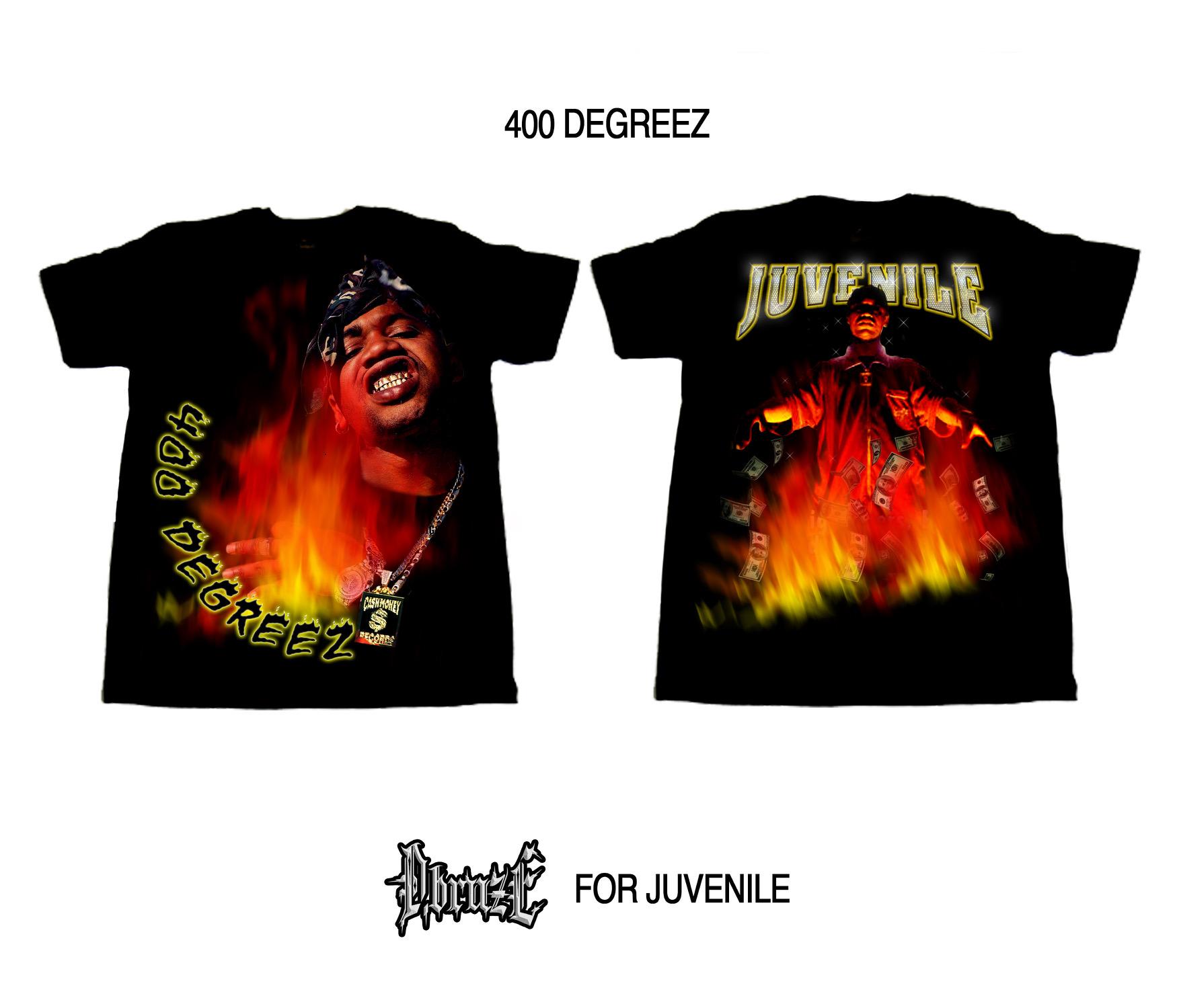 Juvenile and 400 Degreez apparel composition with front and back graphics