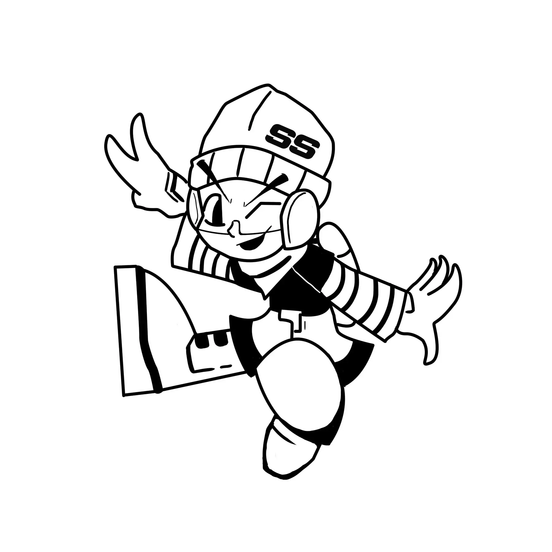 Black-and-white character illustration with a star motif and space-themed details