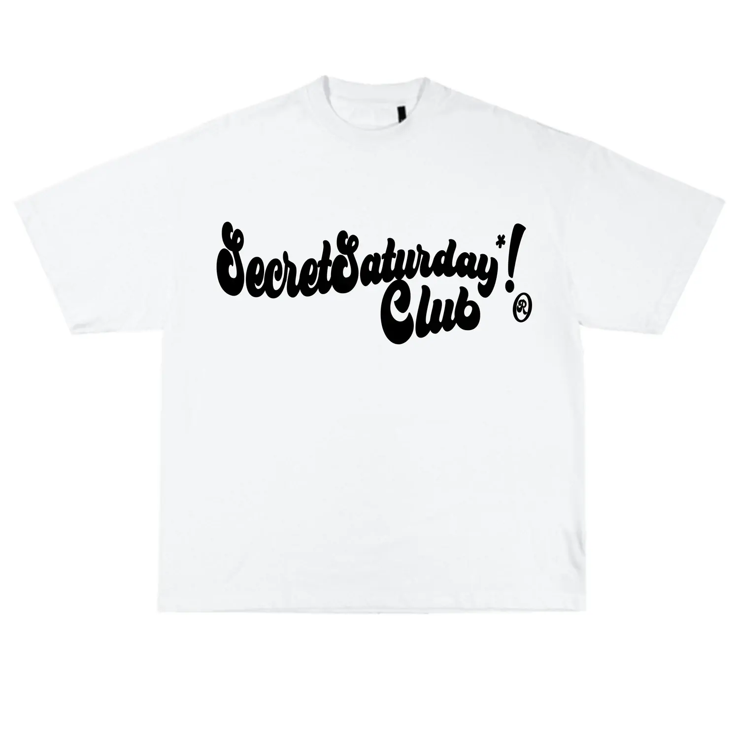 White T-shirt displaying the SecretSaturdayClub wordmark