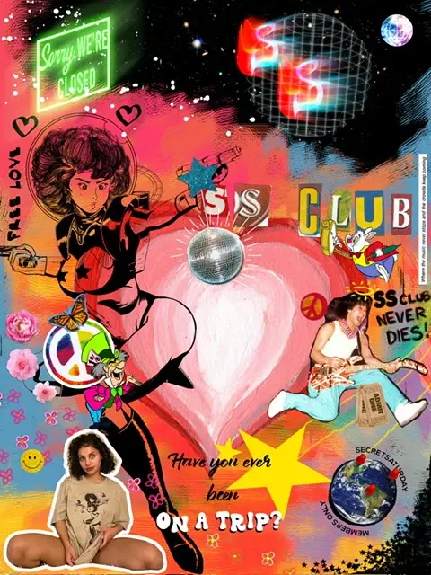 Colorful SecretSaturdayClub collage with character art, layered lettering, and bright graphic elements