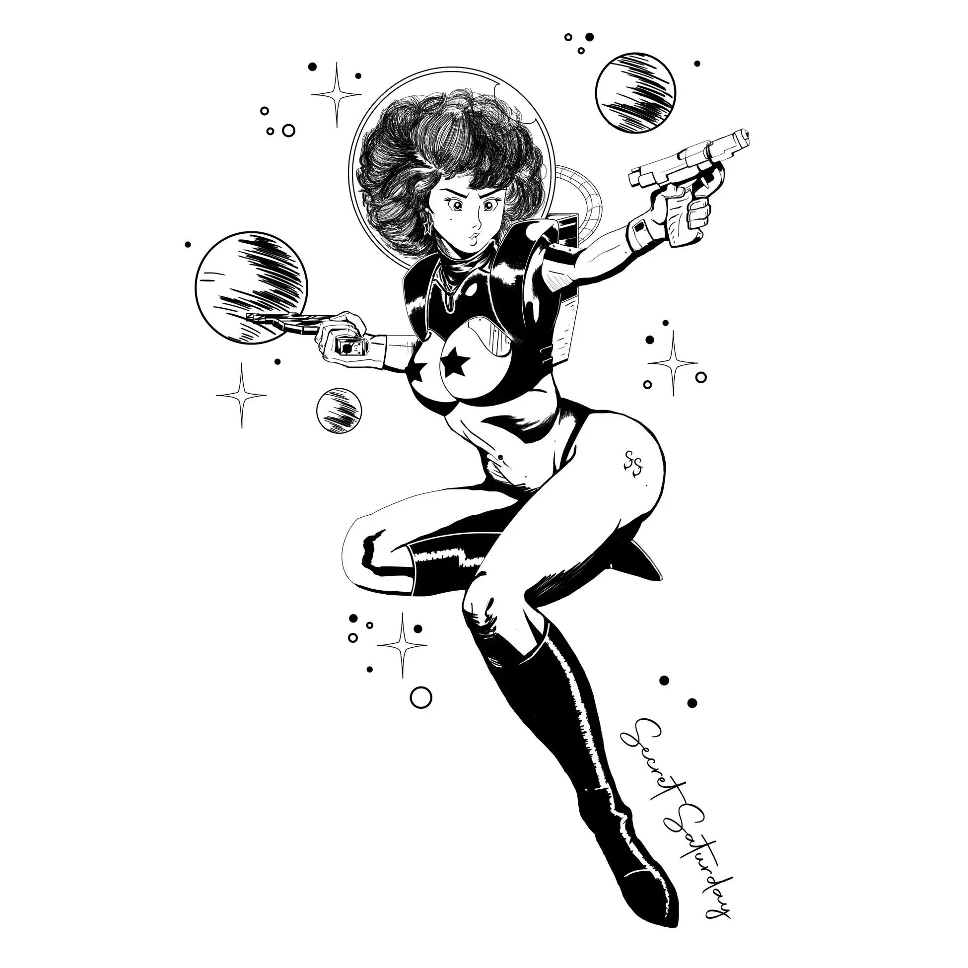 Black-and-white illustration of a character in a space suit surrounded by planets