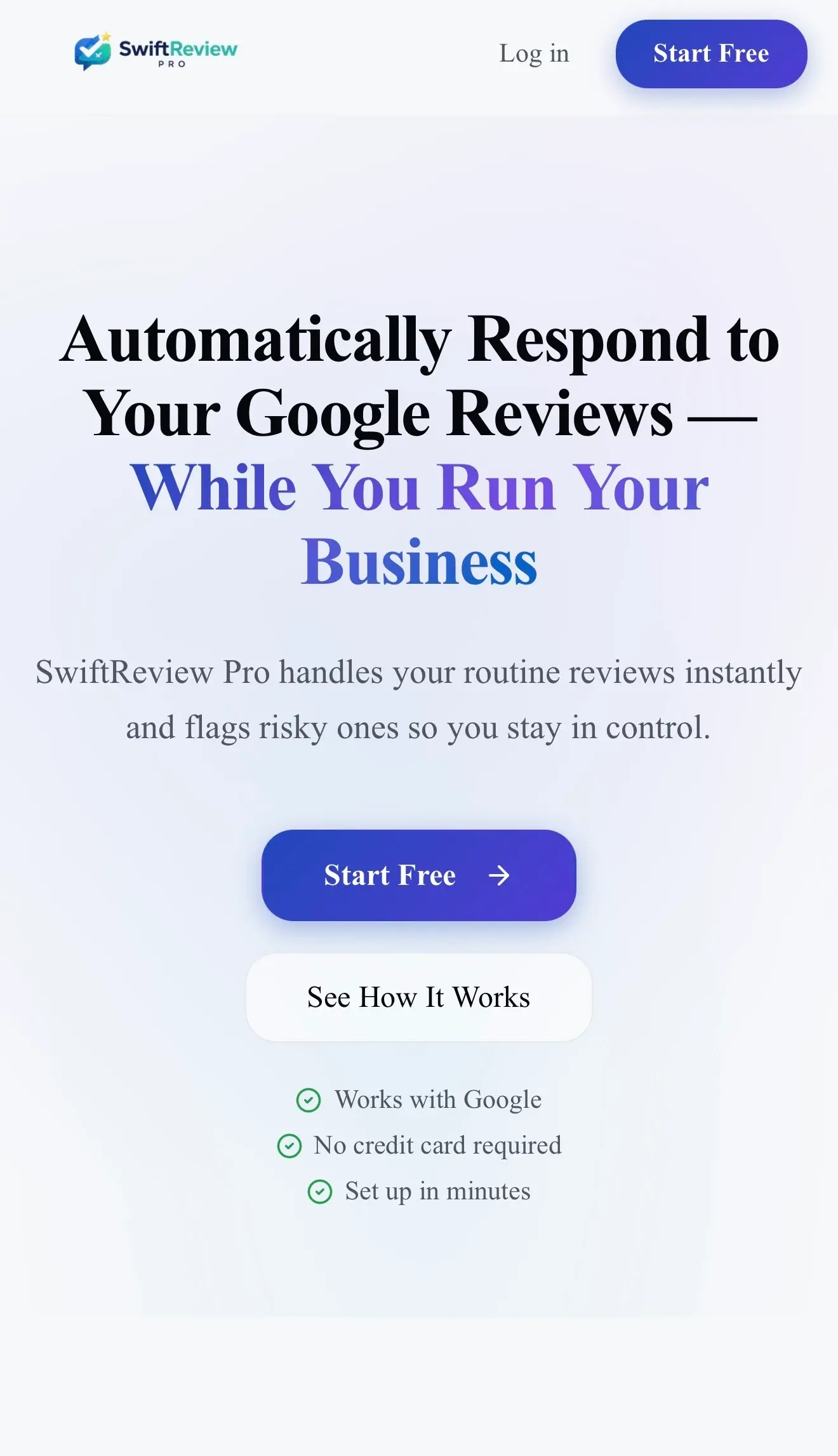 Mobile screenshot of the SwiftReview Pro marketing homepage
