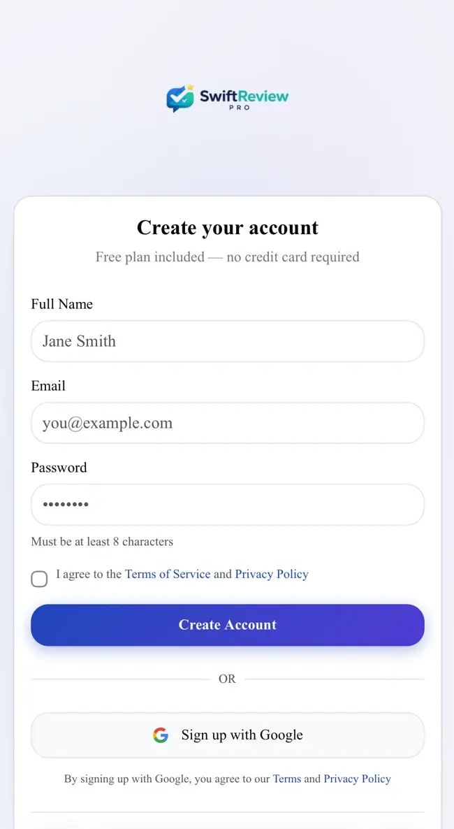 Mobile screenshot of the SwiftReview Pro account creation page