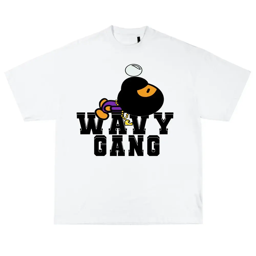 White T-shirt mockup with WAVY GANG lettering and a character graphic.
