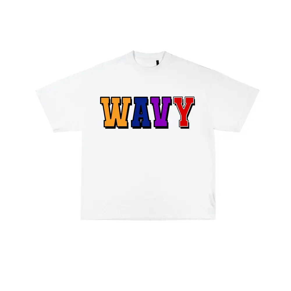 White T-shirt mockup with multicolor WAVY varsity lettering.
