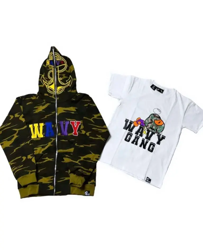 Camouflage hoodie and white character T-shirt presented on white.