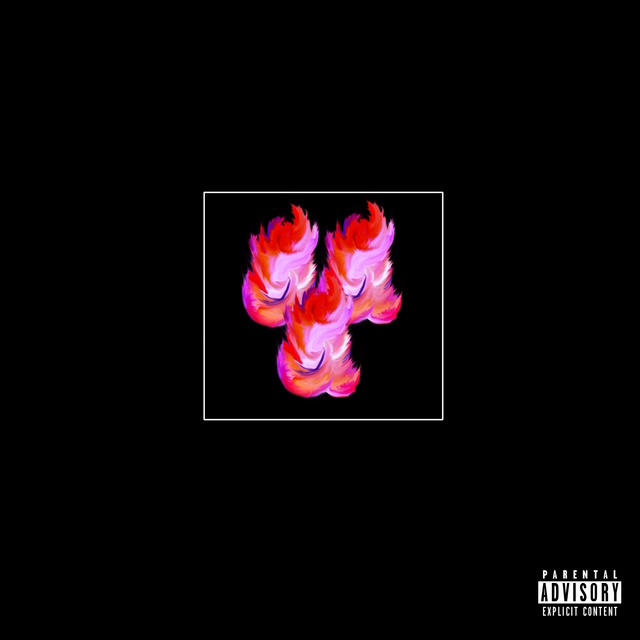 Vivid flame-like illustrated mark centered within a thin white border on black.