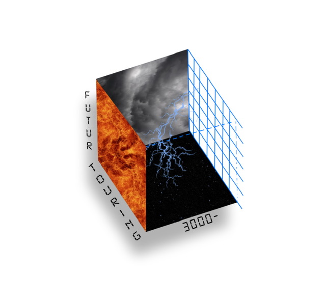 Three-dimensional Futur Tour 3000 artwork with fire, storm clouds, and blue grid lines.
