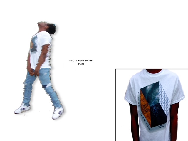 Editorial garment presentation pairing a moving figure with a printed white T-shirt.